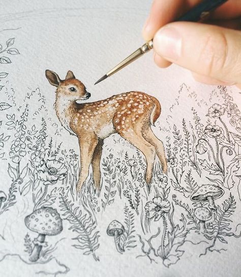 Akvarel Illustration, 동화 삽화, Drawing Eyes, Arte Sketchbook, A Deer, A Pen, Art And Illustration, Watercolor Inspiration, Charcoal Drawing