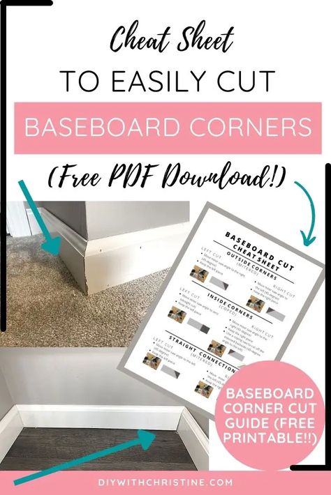 Cheat Sheet To Easily Cut Baseboard Corners (Free PDF Download!) – DIY With Christine How To Cut Baseboard Corners, Flat Baseboards And Trim, Baseboard Corners, Cheet Sheet, How To Install Baseboards, Baseboard Moulding, Trim Carpentry, Baseboard Trim, Miter Saw