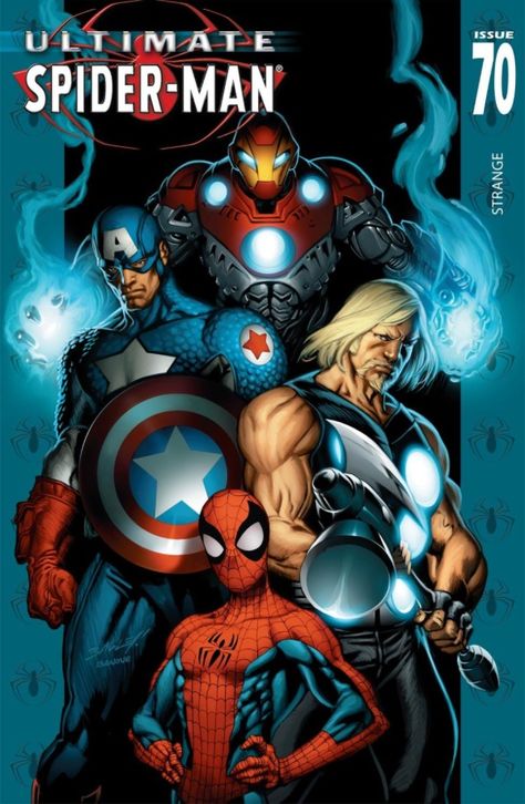 Ultimate Spider-man 70- Ultimates , Captain America, Thor, Iron Man All Spiderman, Mark Bagley, Ultimate Marvel, Ultimate Spider Man, Arte Dc Comics, Ultimate Spiderman, Jack Kirby, Spiderman Comic, Ms Marvel