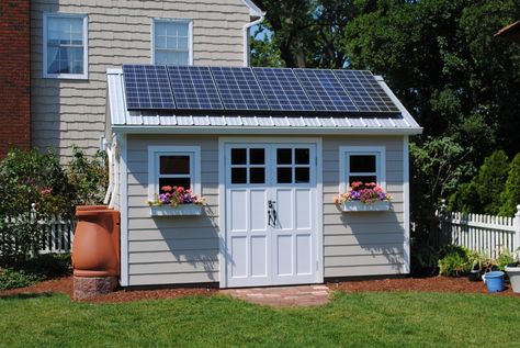 This shed was built with the intention of serving as many purposes as possible on as small a piece of land as possible.  Because we live on a corner lot where it would be very visible, we also... Solar Shed, Solar Shed Light, Heat Recovery Ventilation, Landscaping Business, Solar Power House, Solar Power Diy, Solar Panels For Home, Backyard Sheds, She Sheds