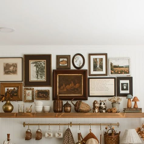 Shelby | Home in Bloom on Instagram: "Some stills of this space since I switched it up for Fall ✨ I’m so sorry if you’re sick of seeing my coffee bar. It’s my whole personality, I fear. 
🤎☕️🍂🐿️✨🧡🦉🍁" Display Dishes On Wall, Coffee Gallery Wall, English Cottage Style Homes, Vintage Coffee Bar Ideas, Coffee Bar Shelf Ideas, Kitchen Artwork Ideas, Bar Shelf Ideas, Gallery Wall Layouts, Cottage Forest