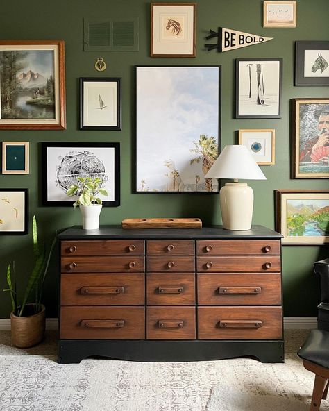 Gallery Wall Green Walls, Gallery Wall Over Crib, Corner Gallery Wall Ideas, Dark Green Kids Room, Moody Gallery Wall Ideas, Boys Room Gallery Wall, Outdoorsman Nursery, Moody Boys Bedroom, Kids Room Gallery Wall