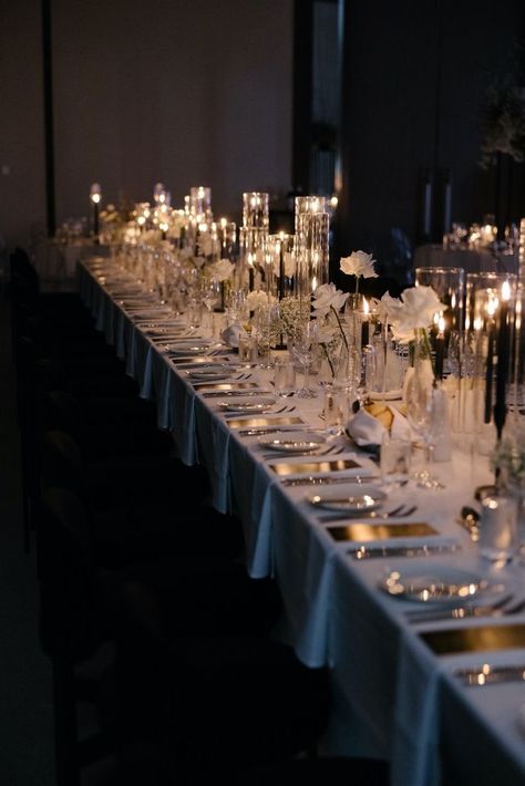 Chic Indoor Wedding, Modern Glamour Wedding, City Wedding Flowers, Runway Aisle Wedding, Engagement Dinner Ideas Decor, Wedding Reception Rectangle Tables, White Wedding With Candles, Modern Wedding Color Palettes, Espresso Martini Tower