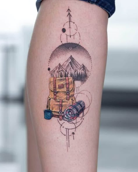 Alaska Tattoo Ideas Mountain, Backpacker Tattoo Ideas, Backpack Tattoo Ideas, Backpacking Tattoo Ideas, Men’s Outdoor Tattoos, Backpack Tattoo Travel, Travel Tattoo Minimalist, Backpacker Tattoo, Backpacking Tattoo