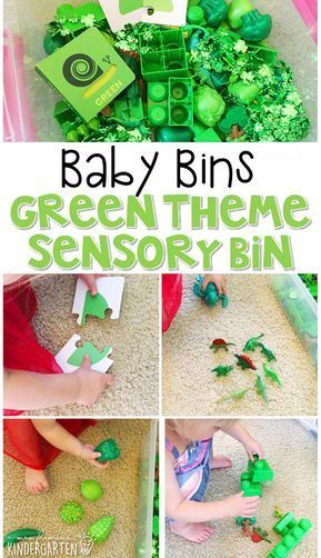 This green themed sensory bin is great for learning colors and is completely baby safe. These Baby Bin plans are perfect for learning with little ones between 12-24 months old. Infant Curriculum, Green Activities, Toddler Sensory Bins, Table Activities, Infant Room, Infant Classroom, Theme Activities, Preschool Colors, Daycare Ideas