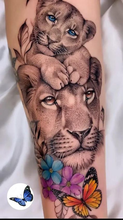 Flowers And Butterfly Tattoo, Lioness Tattoos, Lioness Tattoo Design, Tattoo Designs With Meaning, Designs With Meaning, Animal Tattoos For Women, Meaning Art, Cubs Tattoo, Lioness Tattoo