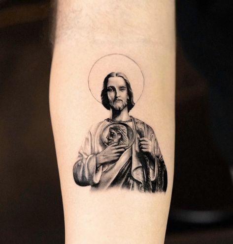 Saint Jude Tattoo, St Jude Tattoo, St. Jude Tattoo, Dragon Sleeve, Mary Tattoo, Attractive Background, Trending Tattoos, Dragon Sleeve Tattoos, Cross Tattoo Designs