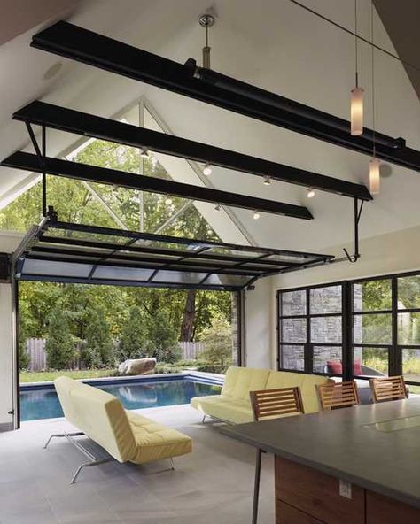 Home indoor outdoor pool | ... pool house design connecting home interiors and outdoor swimming pool Indoor Outdoor Pools, Pool House Design, Pool House Designs, Glass Garage Door, Home Design Magazines, Indoor Outdoor Pool, Home Addition, Contemporary Living Room, Sliding Glass Door