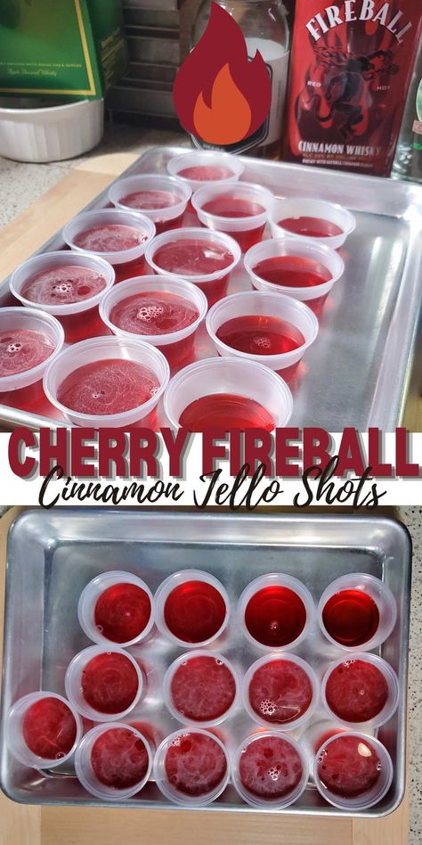 Black And Red Jello Shots, Jack And Coke Jello Shots, Fire Ball Jello Shots Recipe, Cherry Fireball Jello Shots, Red And White Jello Shots, Fireball Favors, Red Jell-o Shots, Fireball Cherries, Jello Shots With Fireball