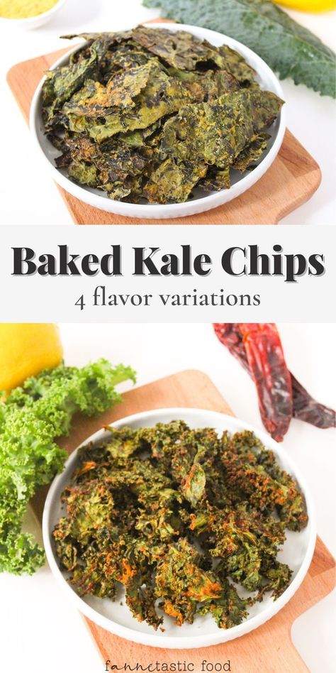 Craving a flavorful healthy snack? These baked homemade kale chips will totally hit the spot – even our toddler loves them! I'm sharing 4 different flavor variations, including spicy nacho and everything bagel kale chips. Baked Kale Chips Oven, Homemade Baked Chips, Healthy Kale Chips, Kale Chip, Baked Kale Chips, Homemade Kale Chips, Chip Recipes, Kale Chips Baked, Chip Recipe