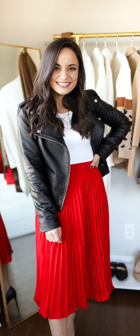 Red pleated skirt, white tee & black moto jacket Pleated Red Skirt Outfit, Pleated Skirt Jacket Outfit, Red Skirt Pleated, Red And White Skirt Outfit, Black And Red Skirt Outfit, Red And White Dress Outfit, Red Long Skirt Outfit, Red Black And White Outfit Ideas, Red White Black Outfit