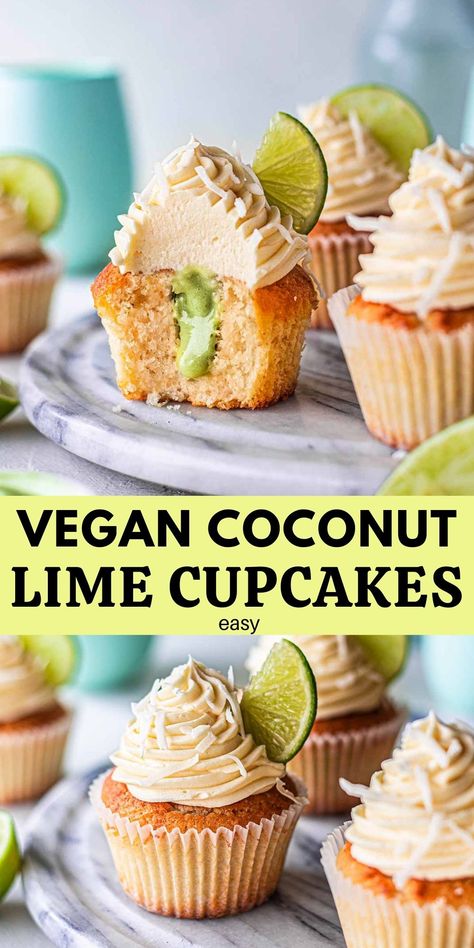 Easy vegan coconut lime cupcakes filled with a zesty creamy lime curd and topped with a coconut vanilla buttercream. Fluffy tropical deliciousness! via @rainbownourish Plant Based Cupcakes, Rainbow Nourishments, Vegan Cupcake Recipes, Vegan Cupcake, Lime Curd, Lime Cupcakes, Cupcakes Filled, Chilled Desserts, Vegan Baking Recipes