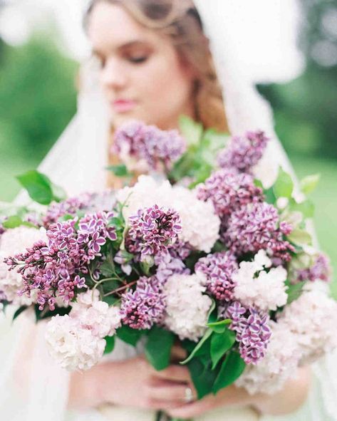 Late Spring Bouquet Lilacs are one of the hallmarks of spring, typically blooming in the middle of the season. But the fragrant flowers can continue to pop right up until summer temps take over. This bouquet from Cedarwood Weddings celebrates the best of both seasons, combining lilacs with the very first hydrangea blooms of the year for a textural arrangement we won't soon forget. Lilac Wedding Flowers, Dahlia Wedding Bouquets, Lilac Wedding Bouquet, Hydrangea Bouquet Wedding, Blush Bouquet Wedding, Dahlias Wedding, Lilac Bouquet, Tulip Wedding, Purple Wedding Bouquets