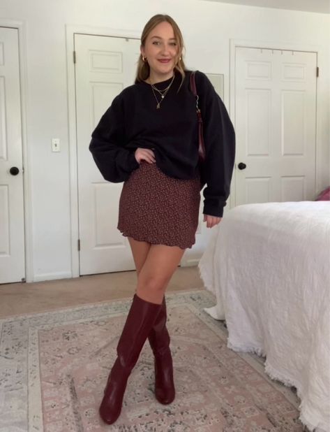 Heeled Tall Boots curated on LTK Red Brown Boots Outfit, Burgundy Tall Boots Outfit, Maroon Knee High Boots Outfit, Wine Tour Outfit Winter, Red Boot Outfit Ideas, Maroon Boots Outfit, Tall Boots Outfit Fall Styles, Red Boot Outfit, Maroon Skirt Outfit