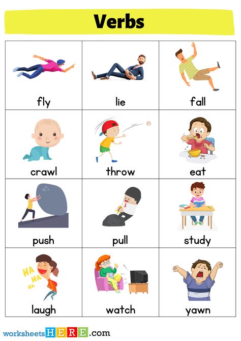 +45 Verbs Flashcards List, Verbs with Pictures Worksheets For Kids - WorksheetsHere.com Action Verbs Flashcards, Verb Vocabulary, School Newsletter Template Free, Insects Kindergarten, Newsletter Template Free, February Activities, School Newsletter Template, February Activity, Learning Reading