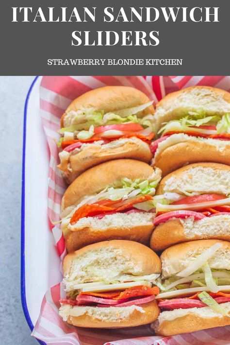 These Italian Sandwich Sliders are served cold, stacked high on Hawaiian rolls and are full of Salami, Pepperoni, provolone, lettuce, tomatoes, onions and dressing for fresh and delicious party sandwich that's also perfect for game day! #appetizer #sandwichrecipes #sandwich #partysandwich #sliderrecipes #slider #italianrecipes #gamedayrecipe #footballfood Pressed Italian Sandwich Recipe, Large Group Sandwich Ideas, Sandwhich Appetizers Summer, Easy Italian Sandwiches, Cold Sliders Recipes, Hawian Roll Sandwiches Cold, Bingo Appetizers, Cold Cut Sliders, Sun Sandwiches