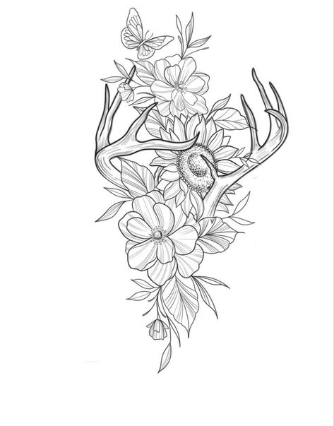 Flower Theme Tattoo, Country Hip Tattoos Women, How To Design A Tattoo Sleeve, Country Themed Tattoos For Women, Western Hip Tattoos Women, Elk Tattoo Feminine, Western Shoulder Tattoos For Women, Antler Tattoos For Women, Western Hip Tattoo