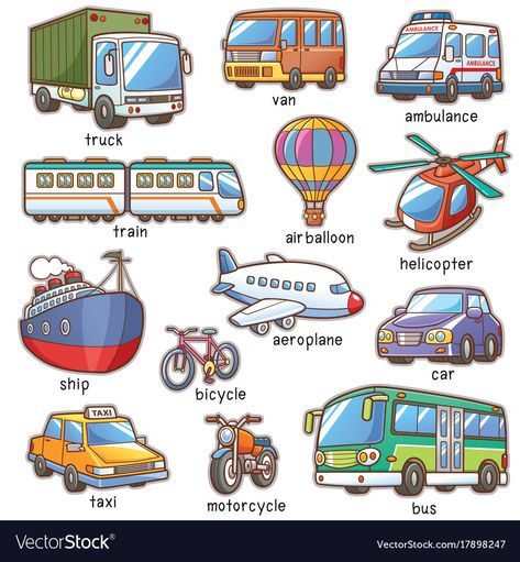 Transportation Royalty Free Vector Image - VectorStock Cartoon Transportation, Transportation Preschool, Learning English For Kids, Flashcards For Kids, Kids English, English Language Teaching, English Lessons For Kids, English Activities, Learn English Vocabulary