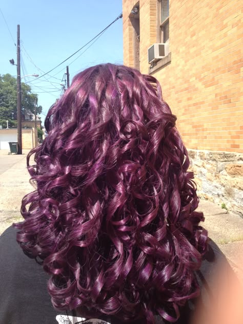 Hair Dye Ideas For Wavy Curly Hair, Dark Purple Curly Hair Black Women, Dark Pink Hair Curly, Curly Violet Hair, Dyed Curly Hair Ideas Colour Purple, Dark Pink Curly Hair, Dark Purple Hair Curly, Violet Curly Hair, Maroon Curly Hair