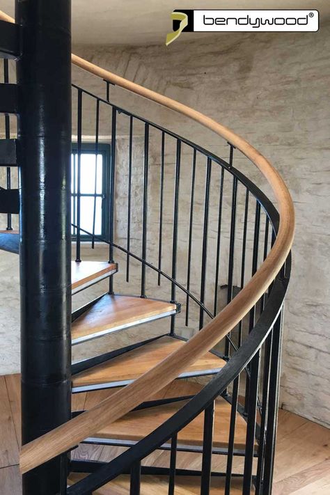 Spiral staircase with solid wooden handrail in Bendywood®-oak. Curved Staircase Handrail, Round Handrails For Stairs, Staircase Design Round, Wooden Handrails For Stairs, Round Staircase Design, Round Stairs Design, Staircase With Landing, Stairs Minimalist, Curved Handrail