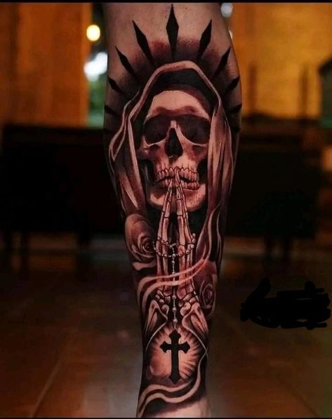 Santa Muerte Hand Tattoo, Mexican Cowboy Tattoo, Santa Muerte Drawing Tattoo, Santa Muerte Tattoo Stencil, Skull Shoulder Tattoo, Santa Muerte Drawing, Mexican Tattoo Ideas For Men, Santa Muerte Tattoo, Leg Sleeve Tattoos