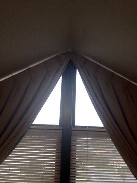 Triangle window curtains Pitched Window, Triangle Window Curtains, Interior Curtains, Apex Window, Triangle Window, Gable Window, Pvc Ceiling Design, Glass Curtain, Pvc Ceiling