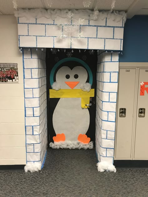 Christmas door penguin Penguin Door Decorations Classroom, Penguin Door Decoration, Club Penguin Bulletin Board, Penguin Christmas Door Decorations, Penguin Classroom Theme, Christmas Penguin Door, Penguin Patch Holiday Shop Decor, Penguin Hallway Decorations, Classroom Winter Party