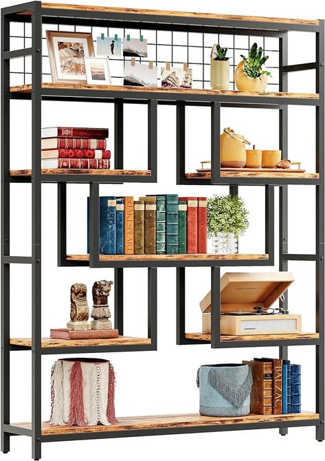 Amazon.com: IRONCK Bookshelf and Bookcase 6-tier 55in Large Etagere Bookcase, Industrial Open Display Shelves Geometric Bookcase with Sturdy Metal Frame, Vintage Brown : Home & Kitchen Rustic Bookshelves, Farmhouse Bookshelf, Wide Bookshelf, Geometric Bookcase, Open Display Shelf, Industrial Bookcases, Wall Mounted Bookshelves, White Bookshelves, Wood Bookshelves