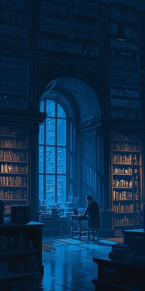 Digital illustration for phone screen #wallpaper #phone #nighttime #life #library #digitalart #illustration #peaceful #silence Dark Bridgerton Aesthetic, Dark Academia Phone Wallpaper, Blue Dark Academia, Dark Academia Wallpaper Iphone, Dark Academia Blue, Old Library Aesthetic, Dark Academia Iphone Wallpaper, Dark Academia Iphone, Blue Academia