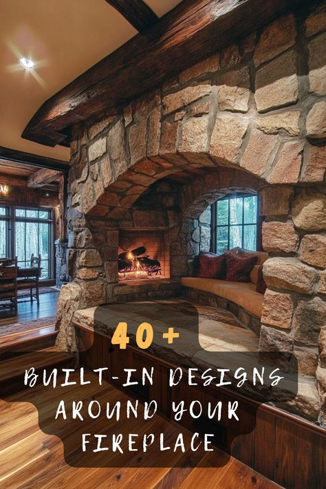 Make your fireplace the heart of your home with 40 cozy built-in ideas. 🌿🔥 These inviting designs feature warm wood finishes, integrated shelving, and personalized touches that create a welcoming environment. Interested in cozy built-in inspiration? Click to see all the inviting ideas! #CozyBuiltIns #FireplaceMakeover #WarmFinishes #IntegratedShelving #PersonalizedTouches Pellet Stove With Built Ins, Fireplace In Staircase, Bookshelf On Side Of Fireplace, Brick Fireplace With Stone Hearth, Country Fireplace Ideas Stone, Real Stone Fireplace, Fireplace In Center Of Room, Wooden Fireplace Makeover, Rustic Gas Fireplace Ideas