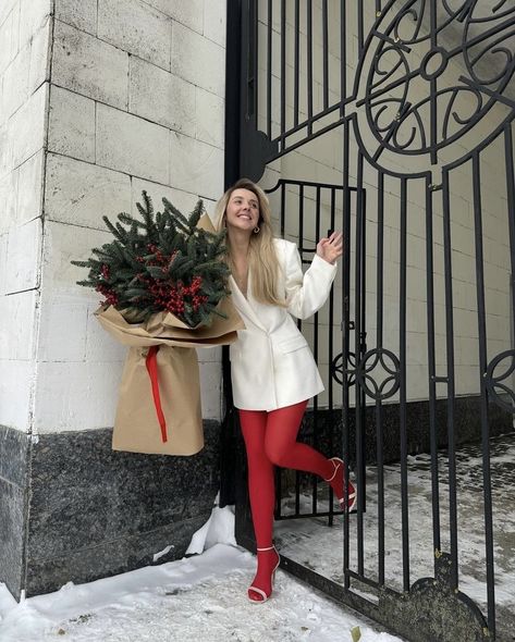 Jacket Dress Outfit, White Jacket Dress, Aesthetic December, Aesthetic New Year, Aesthetic Winter Outfits, Red Pantyhose, December Aesthetic, Pantyhose Outfit, Year Aesthetic