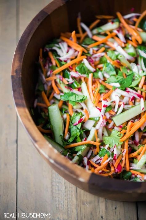 Bahn Mi Slaw - Easy Side Dish - Real Housemoms-: Bahn Mi Slaw is inspired by those great tasting Vietnamese sandwiches and works as an topping for hot dogs!!! It's an easy recipe that everyone will love. #carrots #cucumber #hot-dog #radish #rice-wine-vinegar #side #slaw #recipes #side-dishes #sponsored #realhousemoms Energizing Meals, Bunco Food, Easy Vietnamese Recipes, Asian Greens, Vegetable Salads, Bahn Mi, Vegan Coleslaw, Easy Side Dish, Slaw Recipes