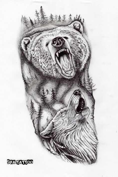 #wolf #bear #wolftattoo #beartattoo Grizzly Bear Tattoos For Men Shoulder, Bear Wolf Tattoo, Indian Bear Tattoo, Bear And Wolf Tattoo, Bear Tattoo Stencil, Grizzly Bear Tattoos, Dad Memorial Tattoo, Viking Bear, Bear Tattoo Designs