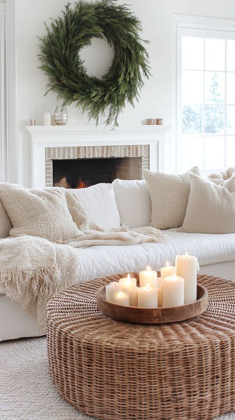 Cozy white living room featuring a fireplace, a wreath over a sofa, beige blankets, and a wicker coffee table with candles. Decorate Couch For Christmas, Christmas Aesthetic Warm, Cozy White Living Room, Cozy Christmas Bedroom Aesthetic, Charming Fireplace, Winter Wonderland Aesthetic, Beige And White Living Room, White Sofa Pillows, Cozy Christmas Living Room Decor