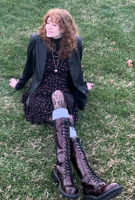 Prom Dress With Combat Boots, Long Combat Boots Outfit, Alternative Style Lace-up Leather Boots, Knee High Boots Outfit Grunge, High Combat Boots Outfit, Knee High Combat Boots Outfit, Gothic Lace-up Moto Boots For Fall, Winter Grunge Lace-up Moto Boots, High Black Boots Outfit