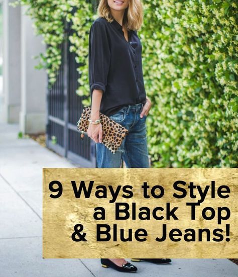 How to Style Black Top & Blue Jeans -- everyone's favorite combo! Black Shirt Blue Jeans Outfit Women, Blue Jeans And Black Top Outfit, Blue Jeans Outfit Hijab, Black Denim Shirt Outfit Women, Jeans Black Top Outfit, Outfits With Dark Blue Jeans, Jeans And Black Top Outfit, Jeans Outfit Hijab, Dark Blue Jeans Outfit