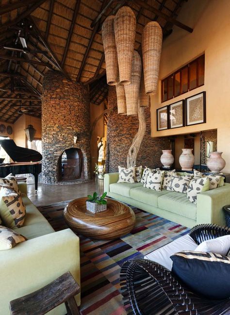 Escape to paradise at this heavenly South African game lodge Game Lodge Decor, Safari Style Interior, Safari Lodge Decor, African Lodge, African Interior Design, Lodge Design, Wall Color Combination, African House, African Inspired Decor