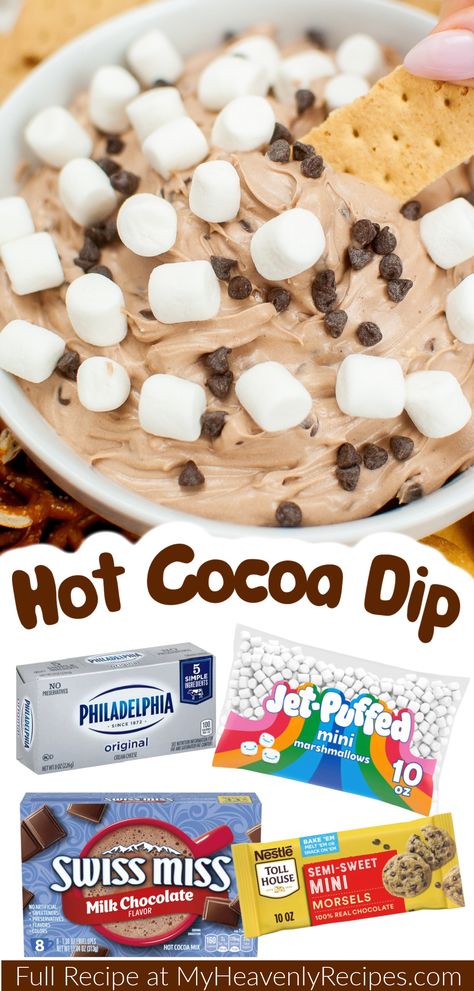 hot cocoa dip Swiss Miss Hot Chocolate Recipe, Cocoa Dip Recipe, Dip For Cookies, Hot Cocoa Cheesecake, Hot Chocolate Dip Recipe, Hot Cocoa Dip, Hot Chocolate Dip, Cocoa Dip, Chocolate Dip Recipe