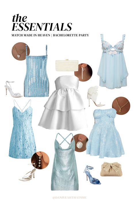 Greece Bachelorette Party Theme, Blue And White Bachelorette Outfits, Match Made In Heaven Bachelorette Party, On Cloud 9 Bachelorette Outfit, Light Blue Bachelorette Outfits, Something Blue Bachelorette Outfit, Bachelorette Something Blue Outfits, Coastal Bachelorette Outfit, Bachlorette Itenary