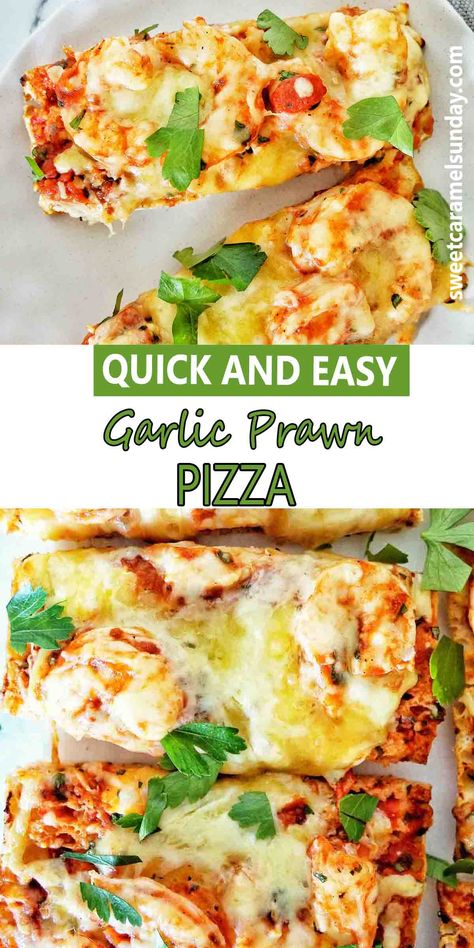 Slices of pizza with prawns on top with text written between 2 images. Garlic Prawn Pizza Recipe, Garlic Prawn Pizza, Prawn Pizza Recipes, Easy Homemade Pizza Recipe, Prawn Pizza, Creamy Garlic Prawns, Garlic Prawn, Homemade Pizza Recipe Easy, Homemade Pizza Recipe