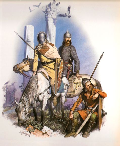 Less saturated version of illustration. 3 Germanic mercenaries, 5th century AD amidst the ruins of the Roman world, which they first served, then later looted and destroyed. Art by Angus McBride. Angus Mcbride, Warriors Illustration, Century Armor, Germanic Tribes, Historical Warriors, Historical Illustration, Rome Antique, Ancient Warfare, Viking Culture