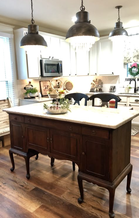 Furniture Kitchen Island Ideas, Vintage Dresser Kitchen Island, Island Only Kitchen, Kitchen Island Buffet, Buffet Table Into Kitchen Island, Antique Table As Kitchen Island, Kitchen Island Dresser Diy, Kitchen Island Dresser, Buffet As Kitchen Island