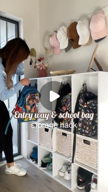 Sarah  🍉 on Instagram: "This has been my most popular organisation hack so far with so many of you recreating it in your own homes for your kiddies school bags!

Shelf is from @bunningsnz for all those asking but if you’re outside of NZ & Australia you can just find any 4 x 4 shelf and remove the top layer as shown. 

A year later and it is still going strong and is so easy for the kids to maintain. 

Happy organising!" Kids School Bag Storage Ideas, School Bag Storage Ideas, Bookbag Storage, School Bag Storage, Under Stairs Storage Solutions, Ikea Organization Hacks, Ikea Living Room, Room Hacks, Ikea Decor