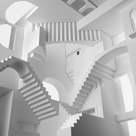 Escher / Relativity on Behance Mc Escher Architecture, Escher Stairs Illustration, Escher Stairs Tattoo, Escher Architecture, Mc Escher Stairs, Esher Art, Human Figure Drawings, Illusion Architecture, Mc Escher Relativity