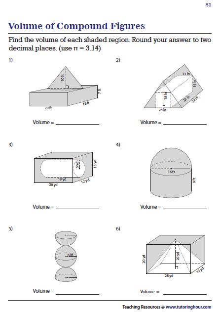 Volume of Composite Figures Composite Figures, Composite Shapes, Volume Worksheets, Area Worksheets, Exponent Worksheets, Family Coloring Pages, Geometry Worksheets, Basic Math Skills, Shapes Worksheets