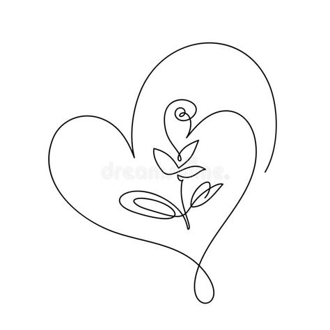 Continuous line hand drawing calligraphic vector flower with heart. Concept logo beauty. Monoline spring floral design. Element in minimal style. Valentine love vector illustration Line Hand Drawing, Lineart Simple, Flower With Heart, Continuous Line Tattoo, Spring Floral Design, Line Art Flowers, Logo Beauty, Butterfly Logo, Line Flower