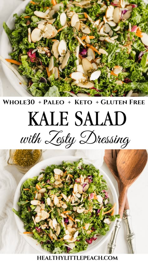 Whole 30 Side Salad, Kale Salad Recipes Keto, Whole30 Salad Recipes, Paleo Kale Salad, Cheap Side Dishes, Whole 30 Salads, Peach Healthy, Whole30 Salad, Almond Salad