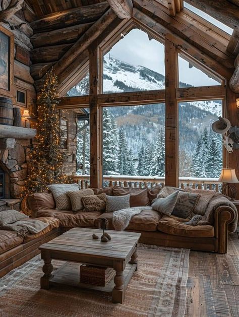 Acotar Cabin, Vaulted Ceiling Windows, Large Cabin Windows, Winter Cabin Interior, Cabin Big Windows, Mountain View Living Room Big Windows, Ski Cottage, Winter Cabin Exterior Big, Snowed In Cabin Aesthetic