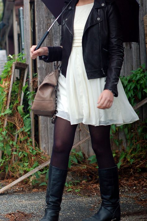 Temper-Temper-Temperature White Dress Leather Jacket, Rainy Pictures, Dress With Leather Jacket, Dress Leather Jacket, Keiko Lynn, Rain Fashion, Scene Girl, Leather Jacket Dress, Florida Trip