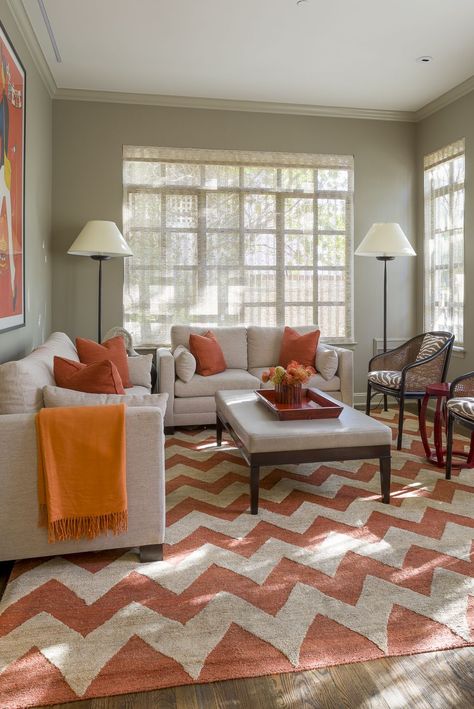 Orange And Yellow Living Room, Slc Interiors, Family Room Design With Fireplace, Family Room Colors, Open Family Room, Orange Carpet, Orange Decor, Red Sofa, Inspirational Design